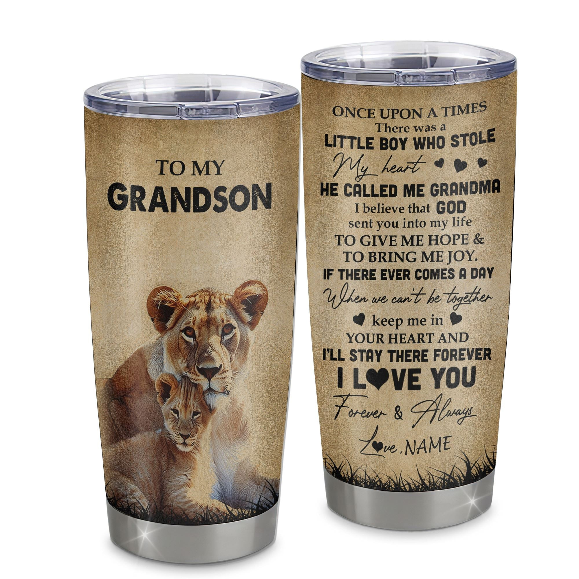 Personalized To My Grandson Lion Tumbler From Grandma Stainless Steel Cup Grandson Birthday Graduation Gift