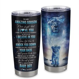Personalized To My Amazing Godson From Godmother Stainless Steel Tumbler Cup Lion Never Forget I Love You Godson Birthday Graduation Gift
