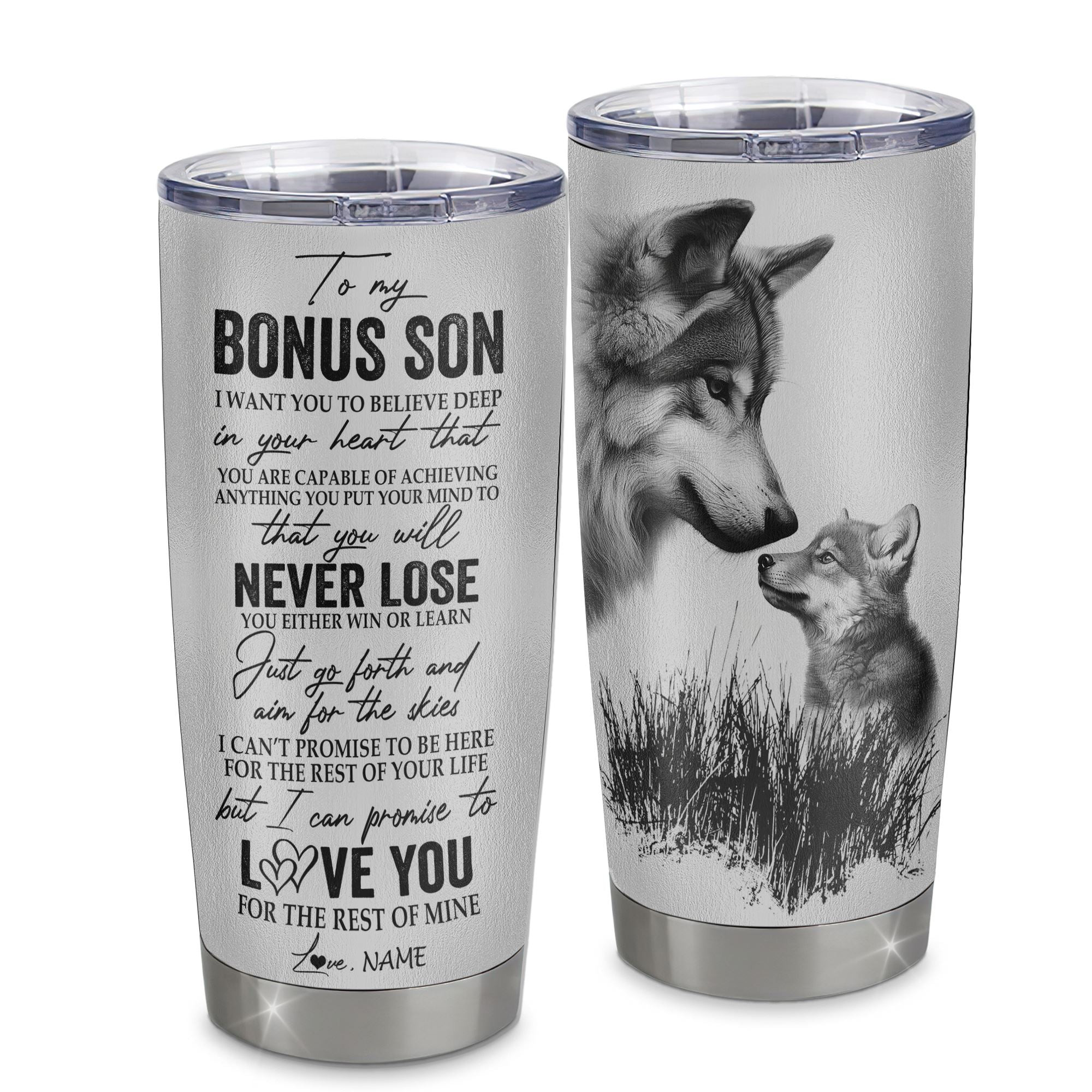 Personalized To My Bonus Son From Stepdad Stepmom Father Stainless Steel Tumbler Cup Wolf Stepson Birthday Graduation Gift