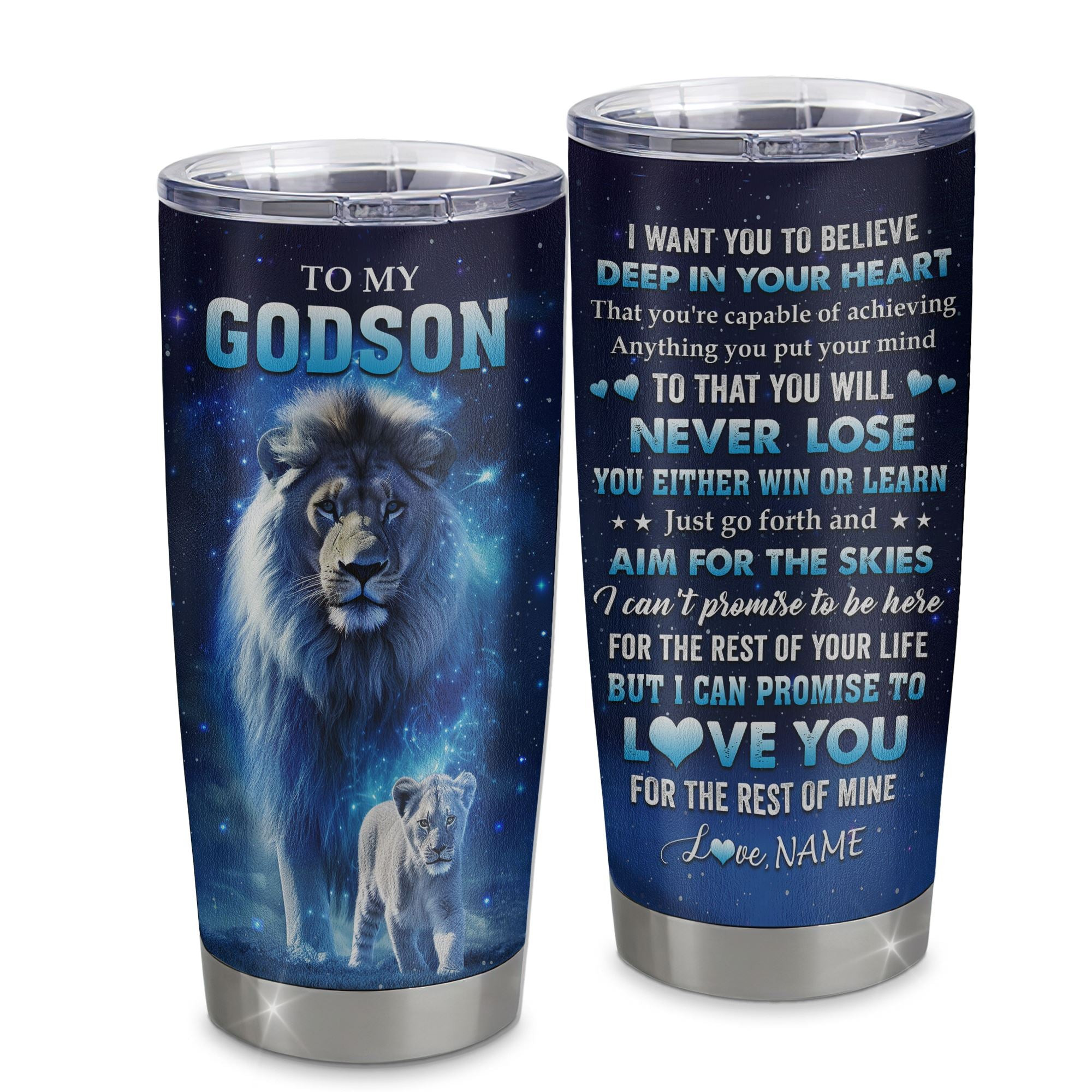 Personalized To My Godson Lion From Godmother Aunt Uncle Tumbler Stainless Steel Cup Believe Your Heart Godson Gift Birthday Graduation Gift