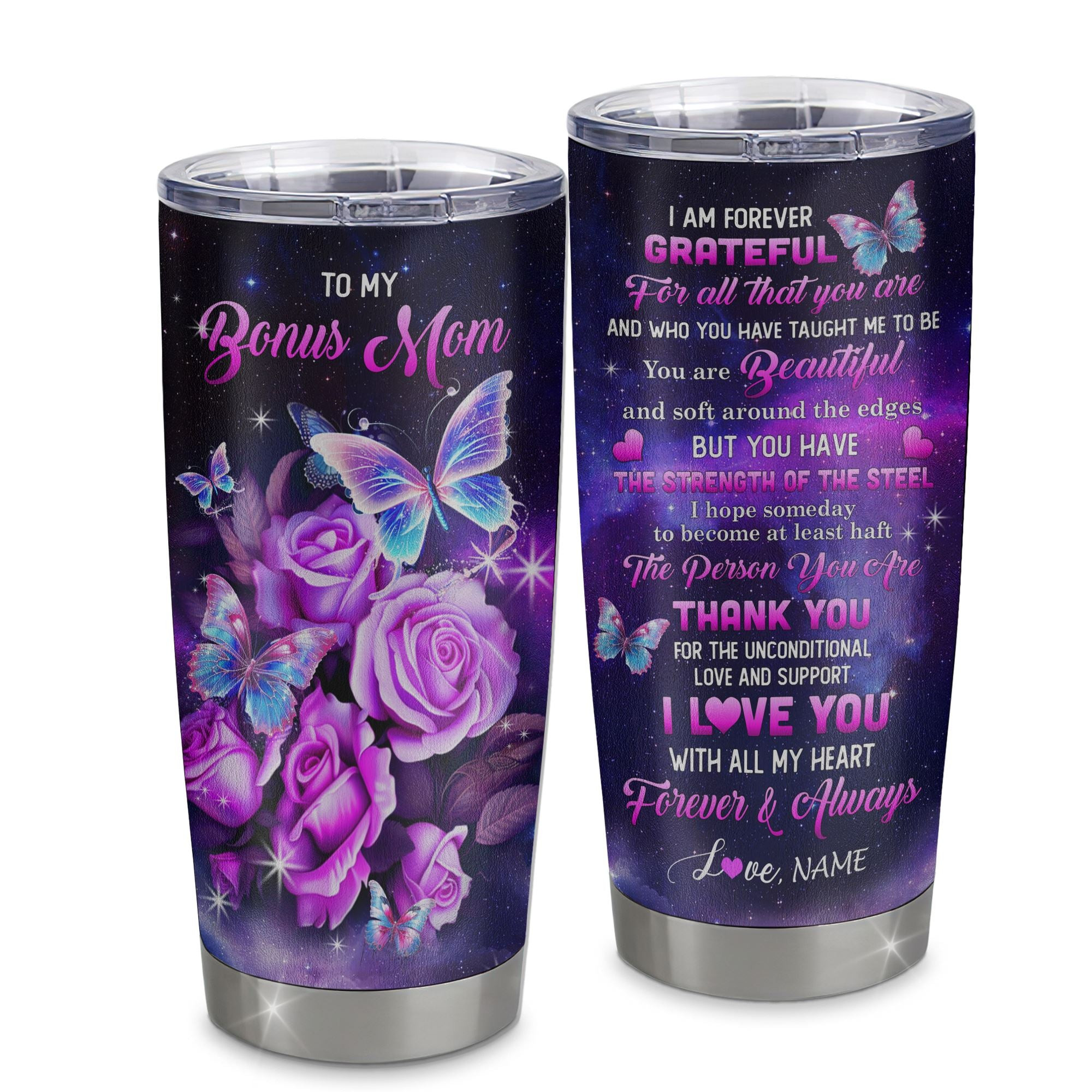 Personalized To My Bonus Mom Tumbler From Stepdaughter Stainless Steel Cup Grateful Thank You Butterfly Stepmom Gift Birthday