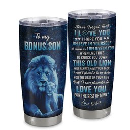 Personalized To My Bonus Son Tumbler From Stepfather Stainless Steel Cup This Old Lion Love You Stepson Birthday Graduation Gift