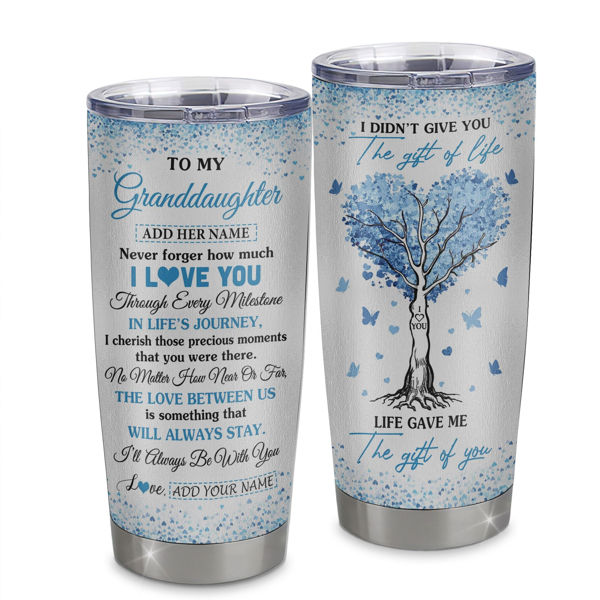 Personalized To My Granddaughter Gifts From Grandma Grandpa Tumbler Blue Tree Butterfly Birthday Gifts For Granddaughter Graduation Gift