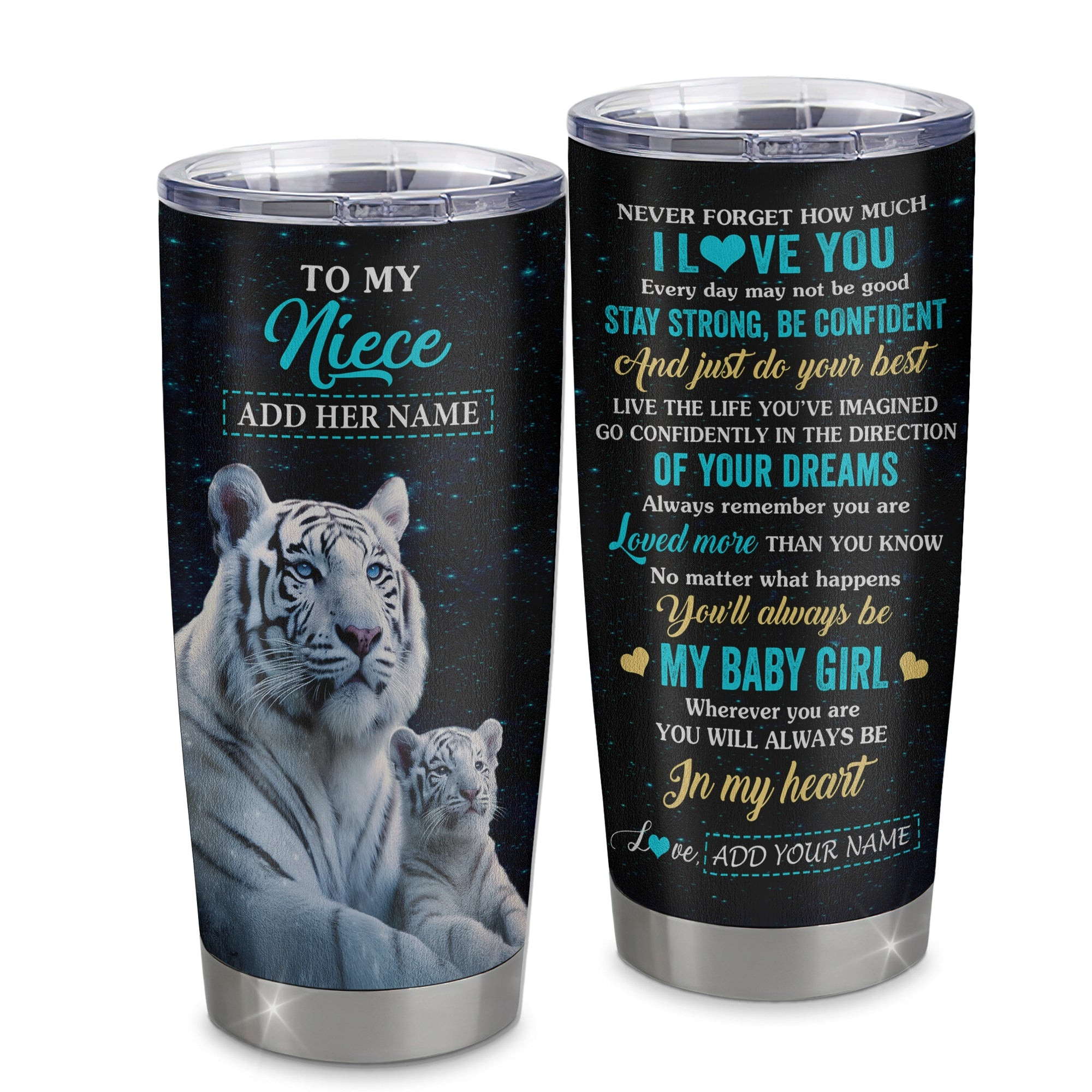 Personalized To My Niece Gifts From Aunt Uncle Tumbler White Tiger Never Forget How Much I Love You Niece Birthday Customized Gift