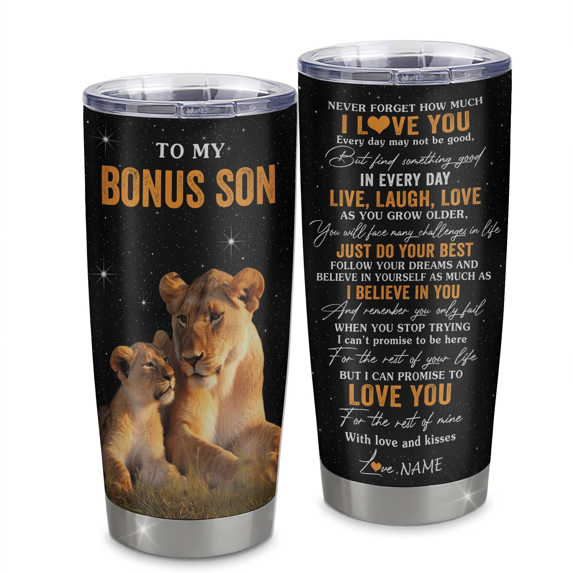 Personalized To My Bonus Son Tumbler From Stepmom Stepmother Live Laugh Love Lion Stepson Birthday Gifts Positive Graduation Gift