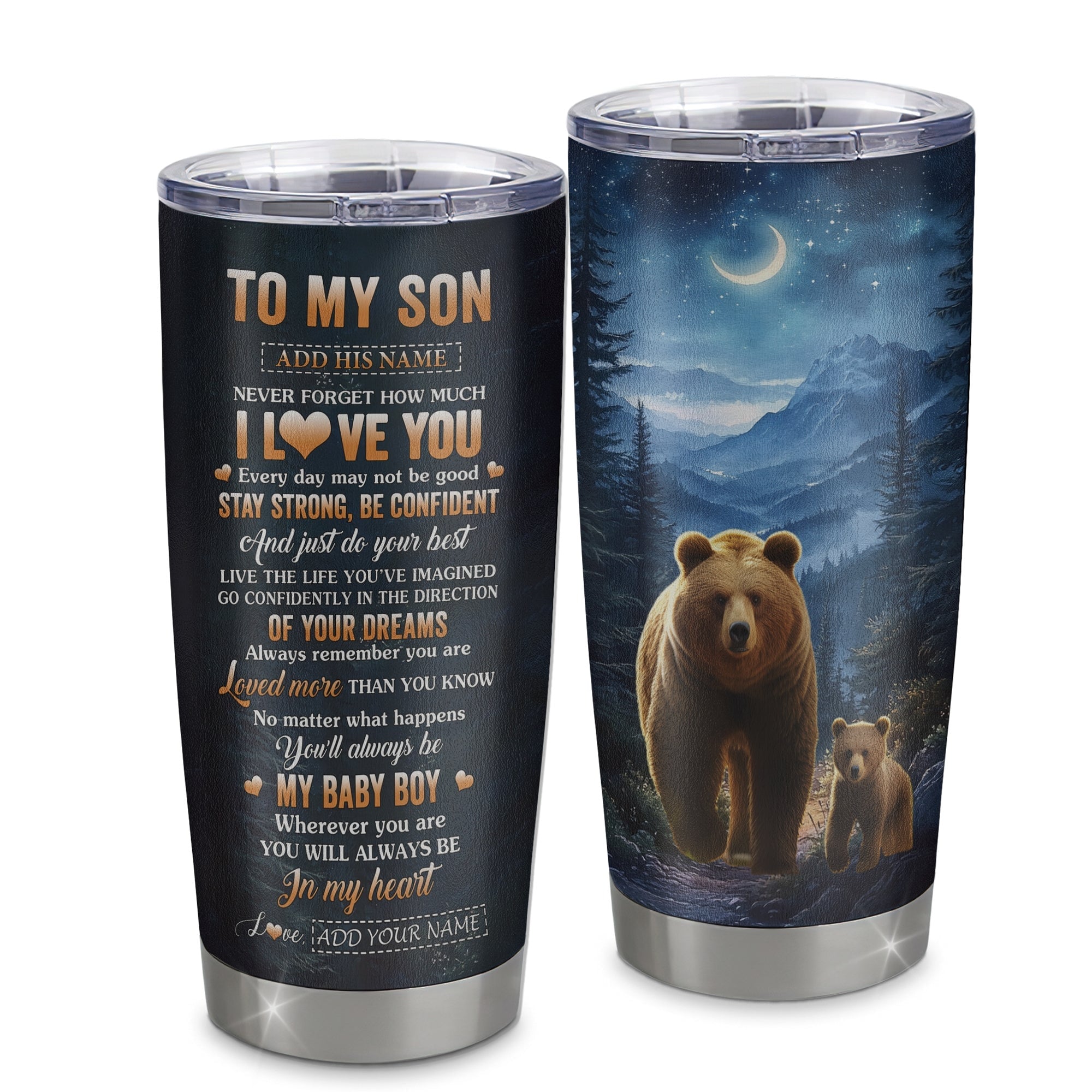 Personalized To My Son Gifts From Mom Dad Mother Father Tumbler Bear Never Forget How Much I Love You Son Birthday Gifts Graduation Gift