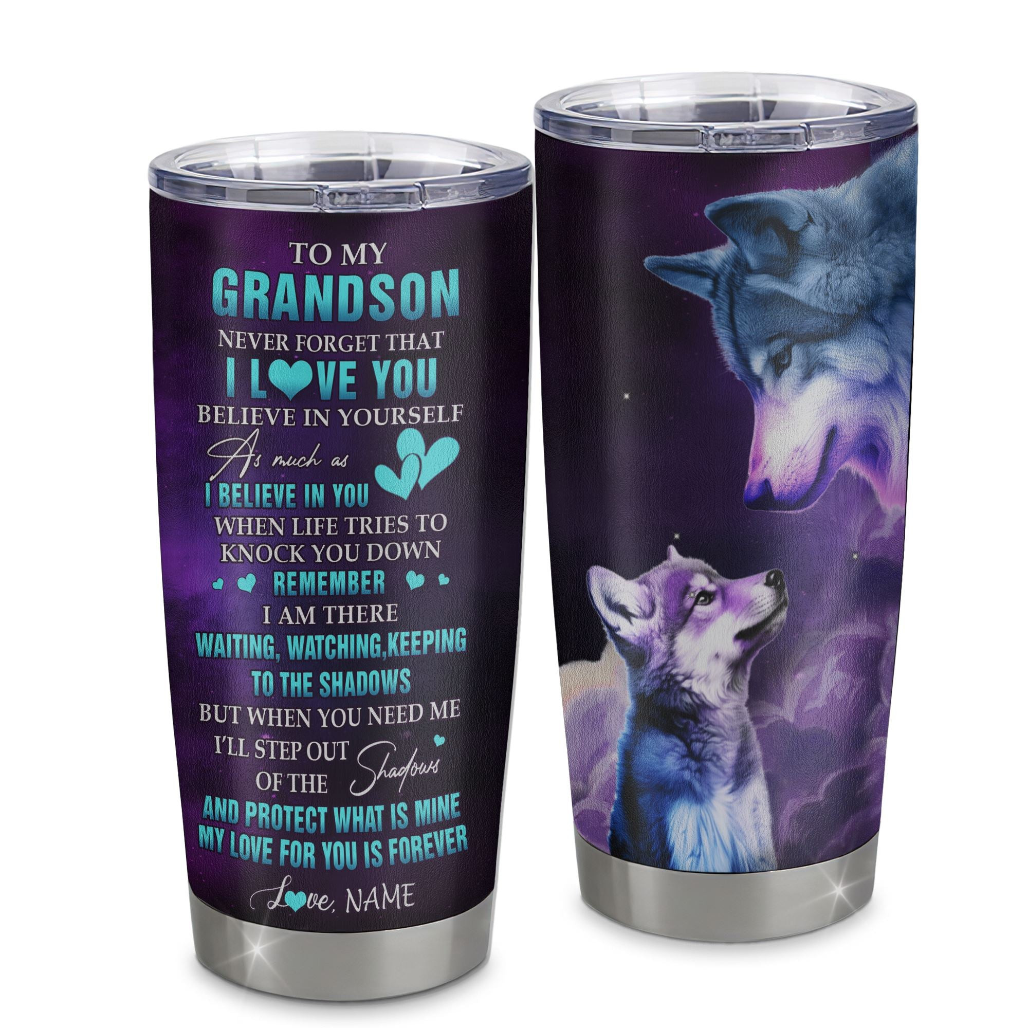 Personalized To My Grandson Tumbler From Grandma Grandpa Stainless Steel Cup Wolf Moon My Love For You Is Forever Grandson Birthday Gifts Gift