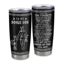 Personalized To My Bonus Son Viking Tumbler From Stepfather Stainless Steel Cup I Am So Proud Of You Runes Viking Stepson Birthday Gift