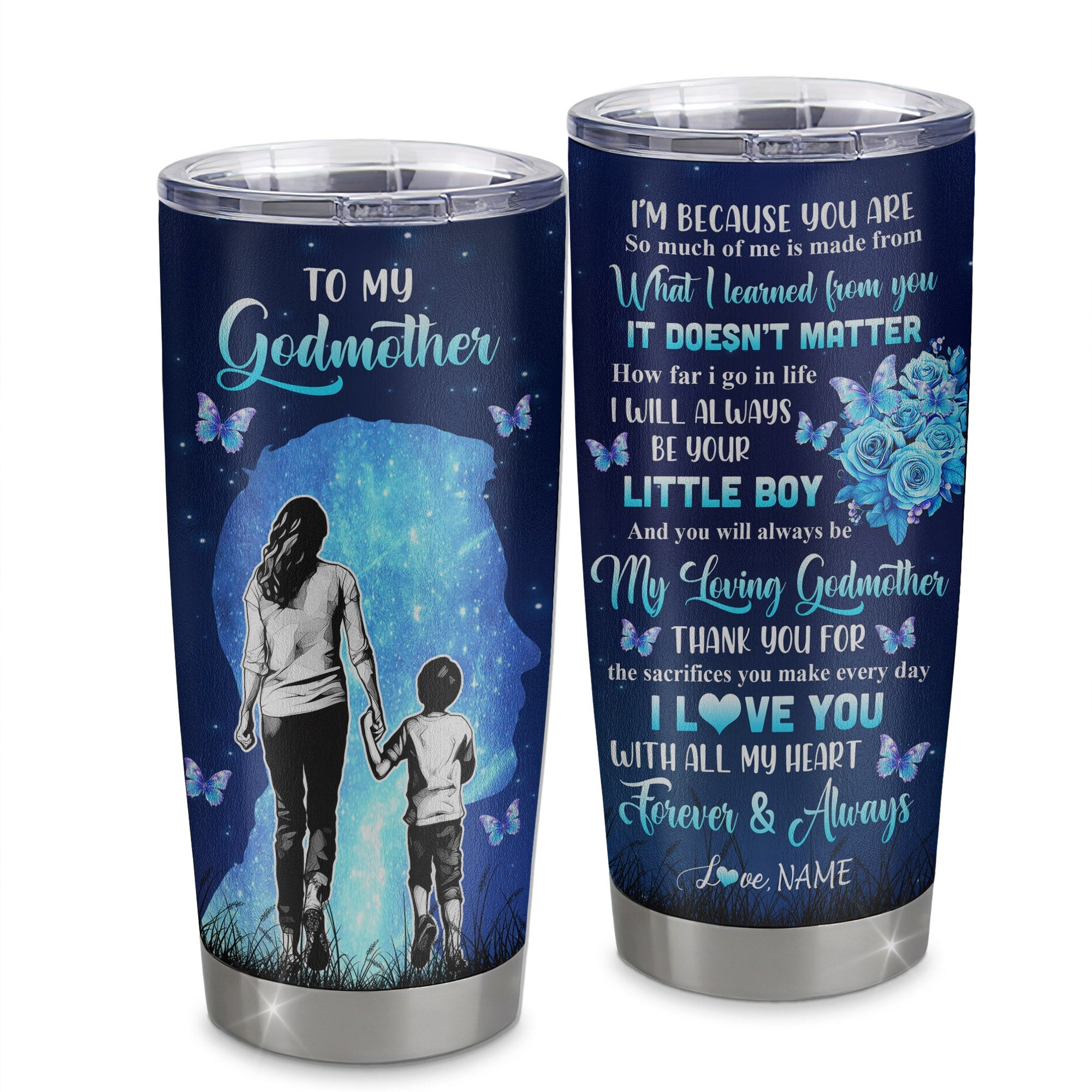 Personalized To My Godmother Tumbler From Godson Stainless Steel Cup Butterfly Forever And Always Gift Godmother Birthday Thanksgiving Gift