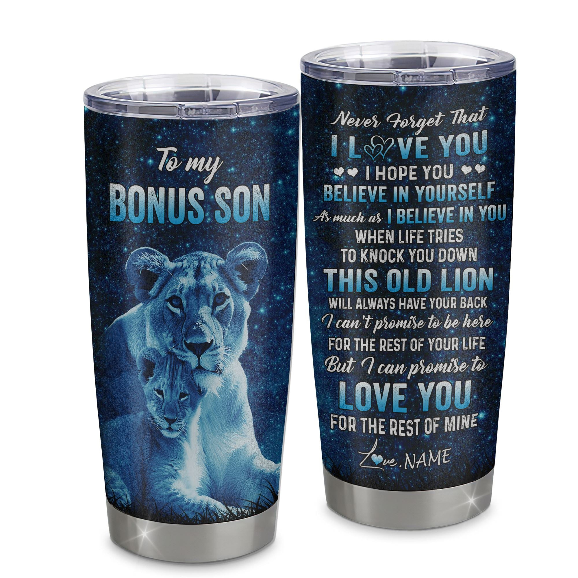 Personalized To My Bonus Son Tumbler From Stepmother Stainless Steel Cup This Old Lion Love You Stepson Birthday Graduation Gift