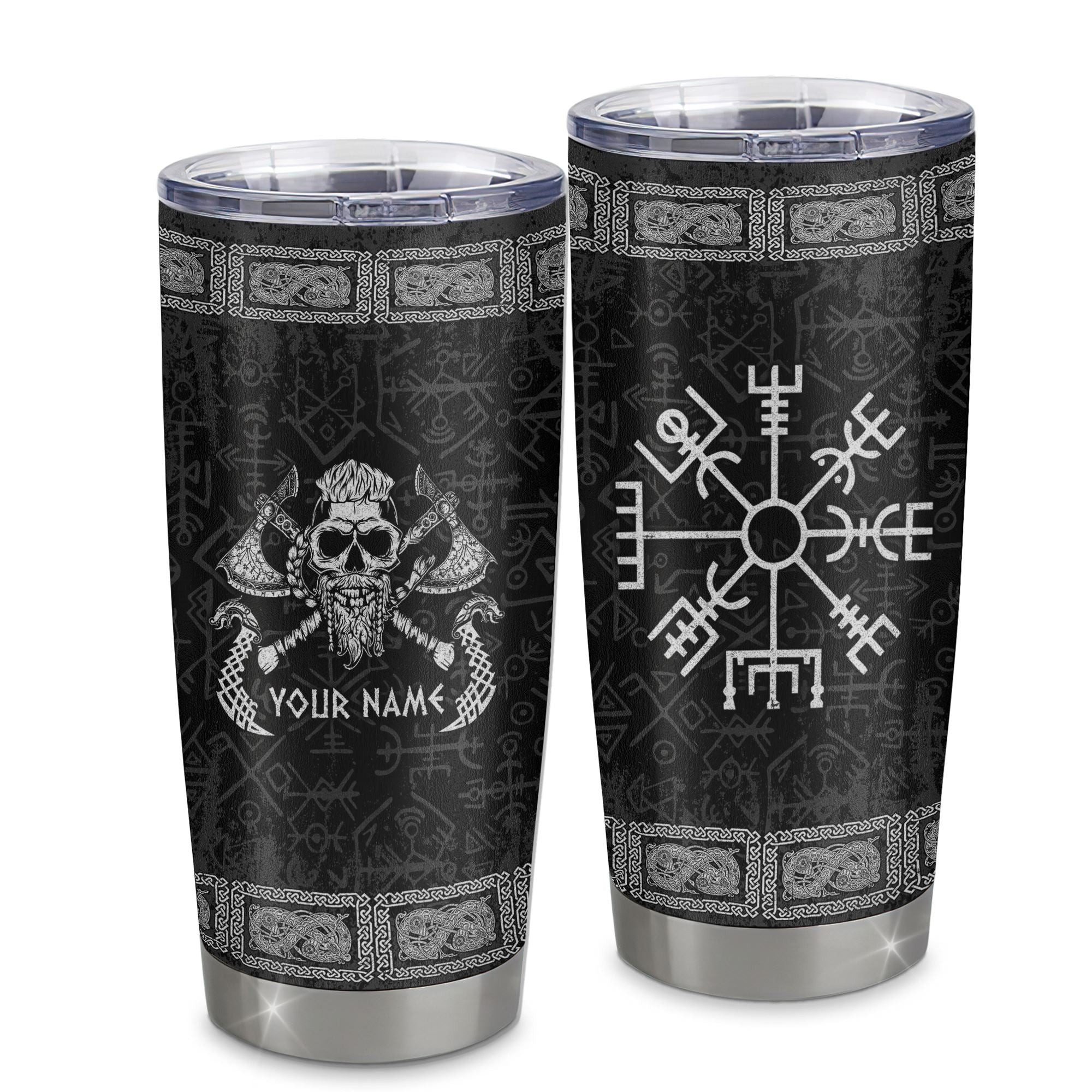 Personalized Custom Name Viking Stainless Steel Tumbler Cup Odin God Celtic Scandinavian Norse Runes for Men Women Mom Dad Lovers Birthday Gift
