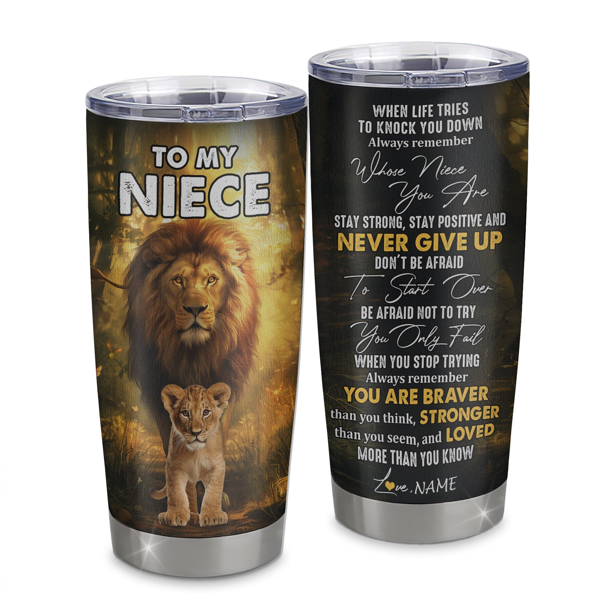 Personalized To My Niece Tumbler From Uncle Stainless Steel Cup Lion Never Give Up Niece Birthday Graduation Gift