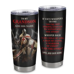 Personalized To My Grandson Tumbler From Grandpa Grandma For Men Warrior Knight Templar I Am The Storm Grandson Birthday Gift