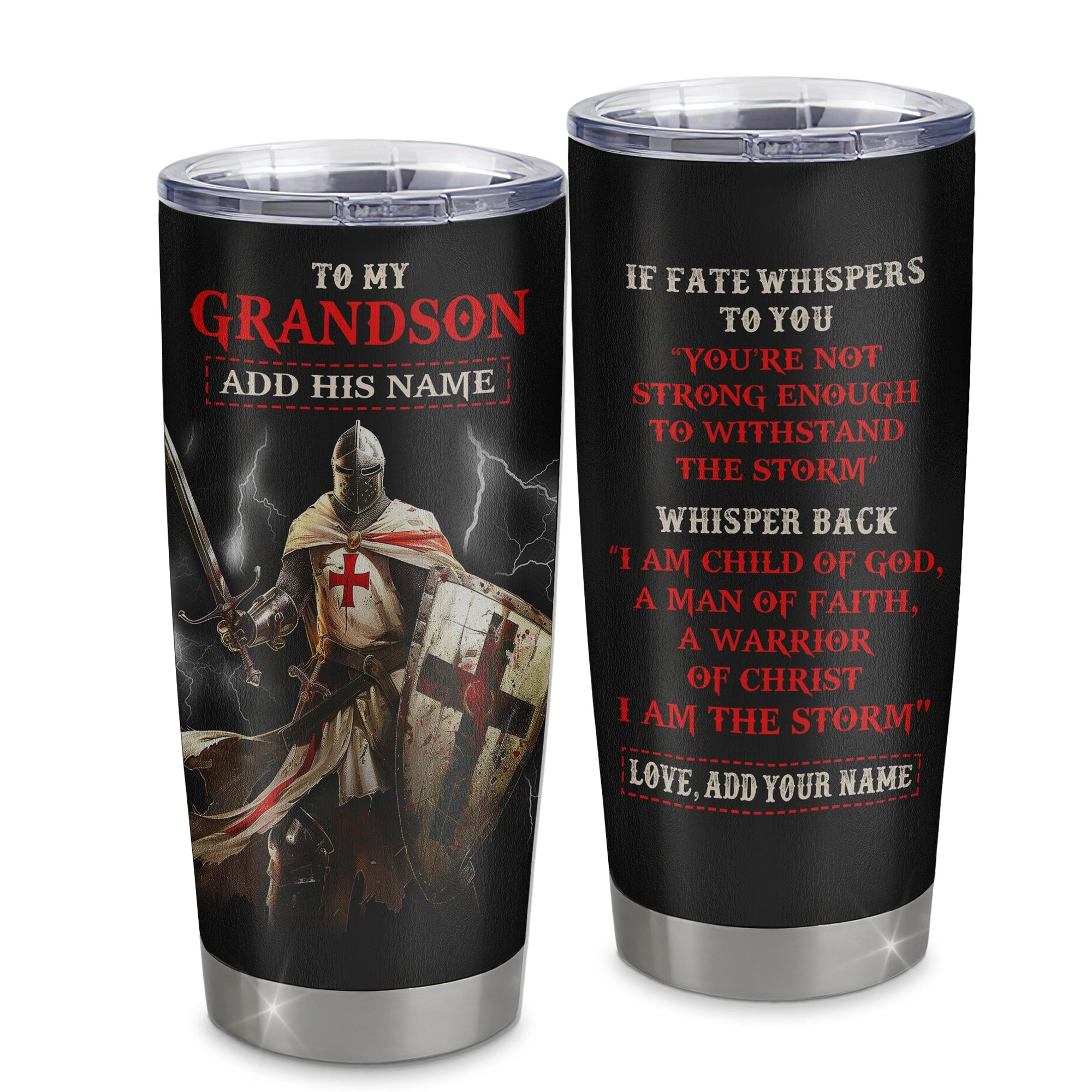 Personalized To My Grandson Tumbler From Grandpa Grandma For Men Warrior Knight Templar I Am The Storm Grandson Birthday Gift