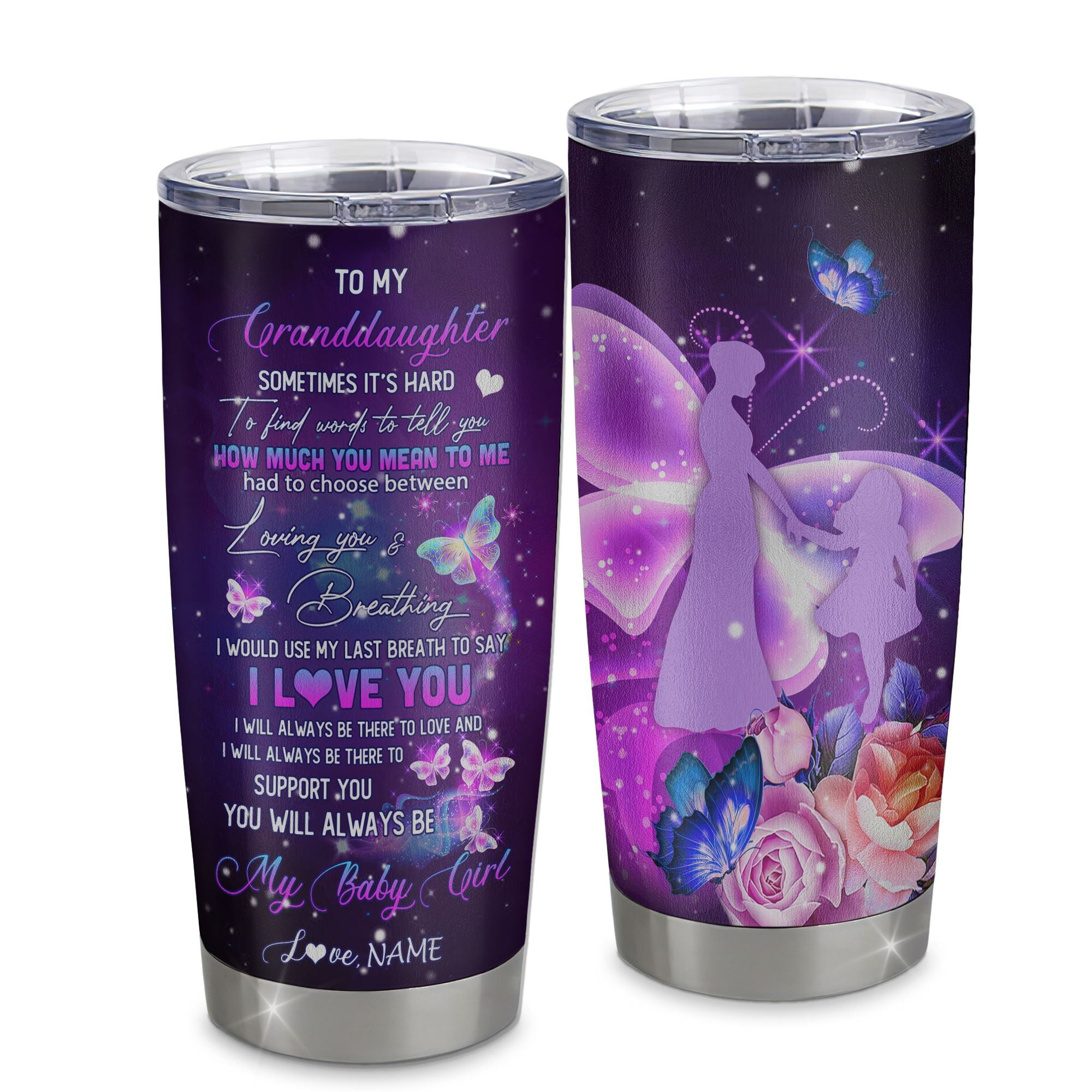 Personalized Granddaughter From Grandma Stainless Steel Tumbler Cup Butterfly Sometimes It's Hard to Find Words to Say I Love You Birthday Graduation Gift