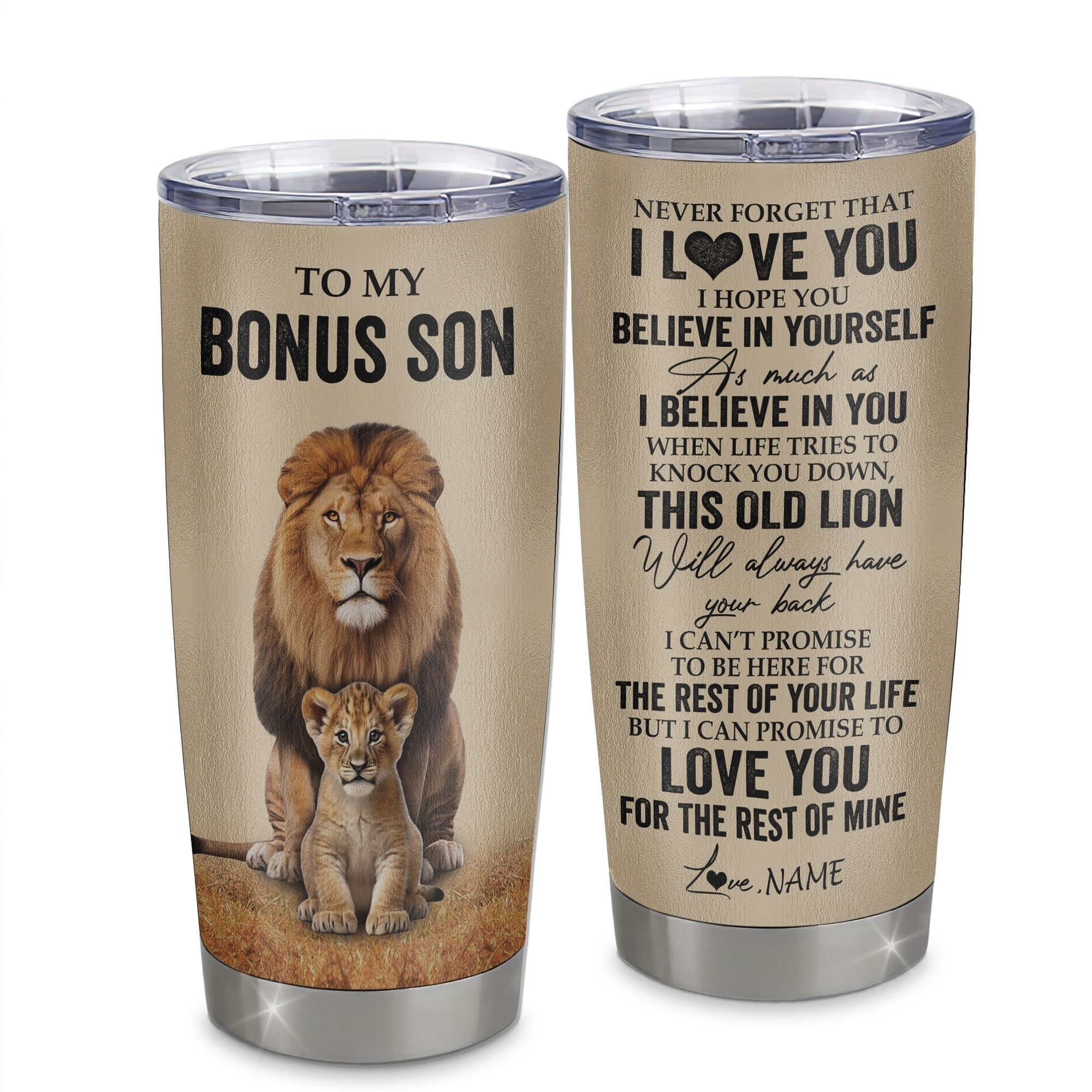 Personalized To My Bonus Son Tumbler From Stepdad Lion Stainless Steel Cup Never Forget That I Love You Stepson Birthday Gifts Graduation Gift