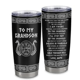 Personalized To My Grandson Viking Stainless Steel Tumbler Cup Never Feel You Are Alone Odin Scandinavian Norse Runes Birthday Gift