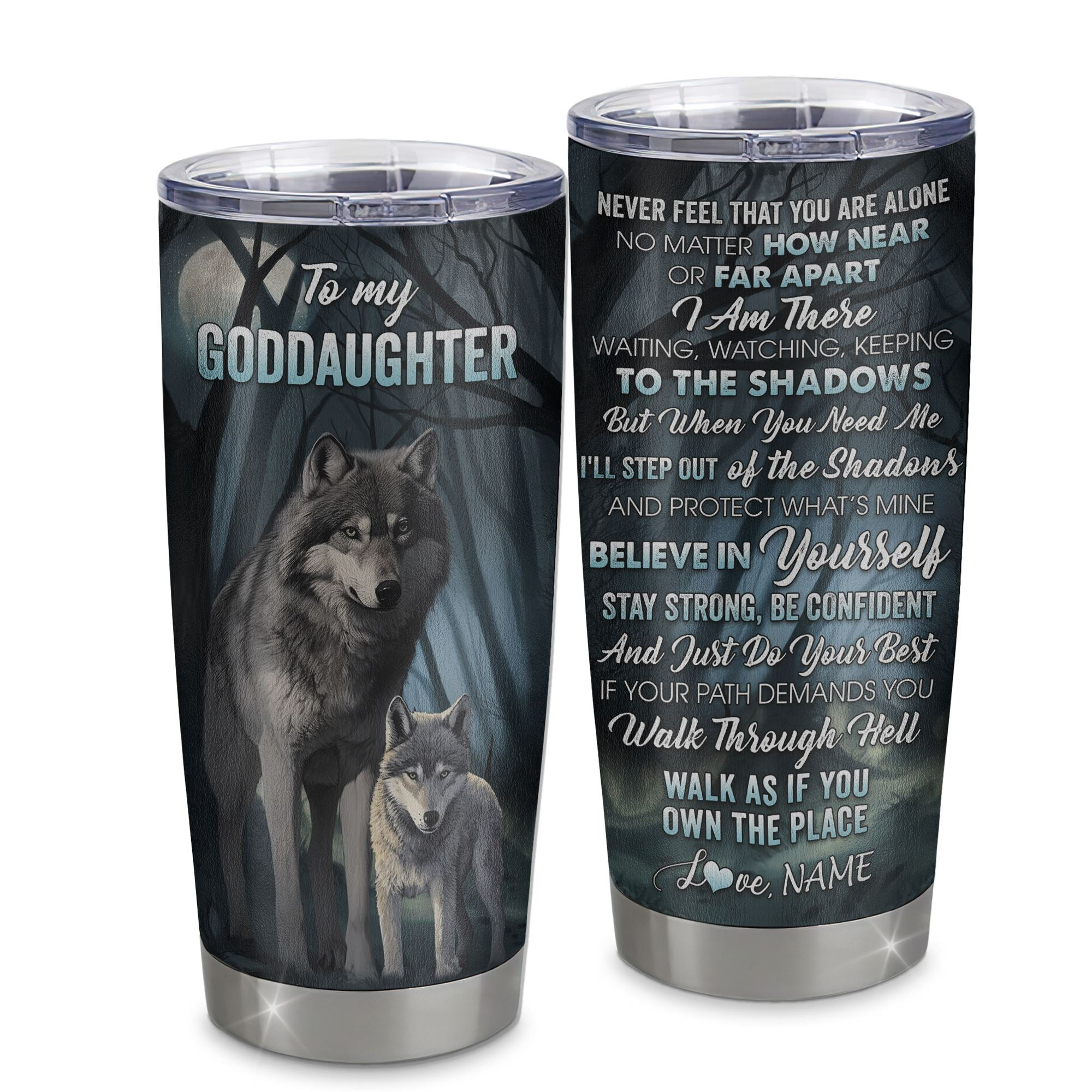 Personalized To My Goddaughter Tumbler From Godmother Aunt Stainless Steel Cup Wolf Goddaughter Birthday Gift
