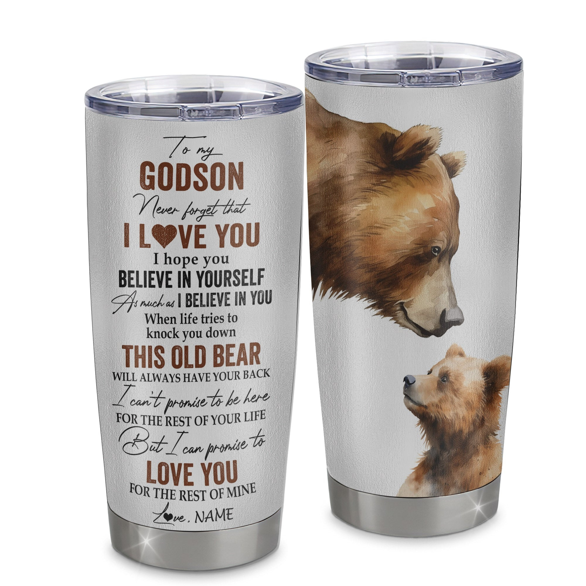 Personalized To My Godson Tumbler From Godmother Uncle Stainless Steel Cup Never Forget That I Love You Bear Godchild Birthday Gift