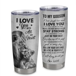Personalized To My Godson Lion Tumbler From Godfather Stainless Steel Cup I Love You With All My Heart Godson Birthday Gift