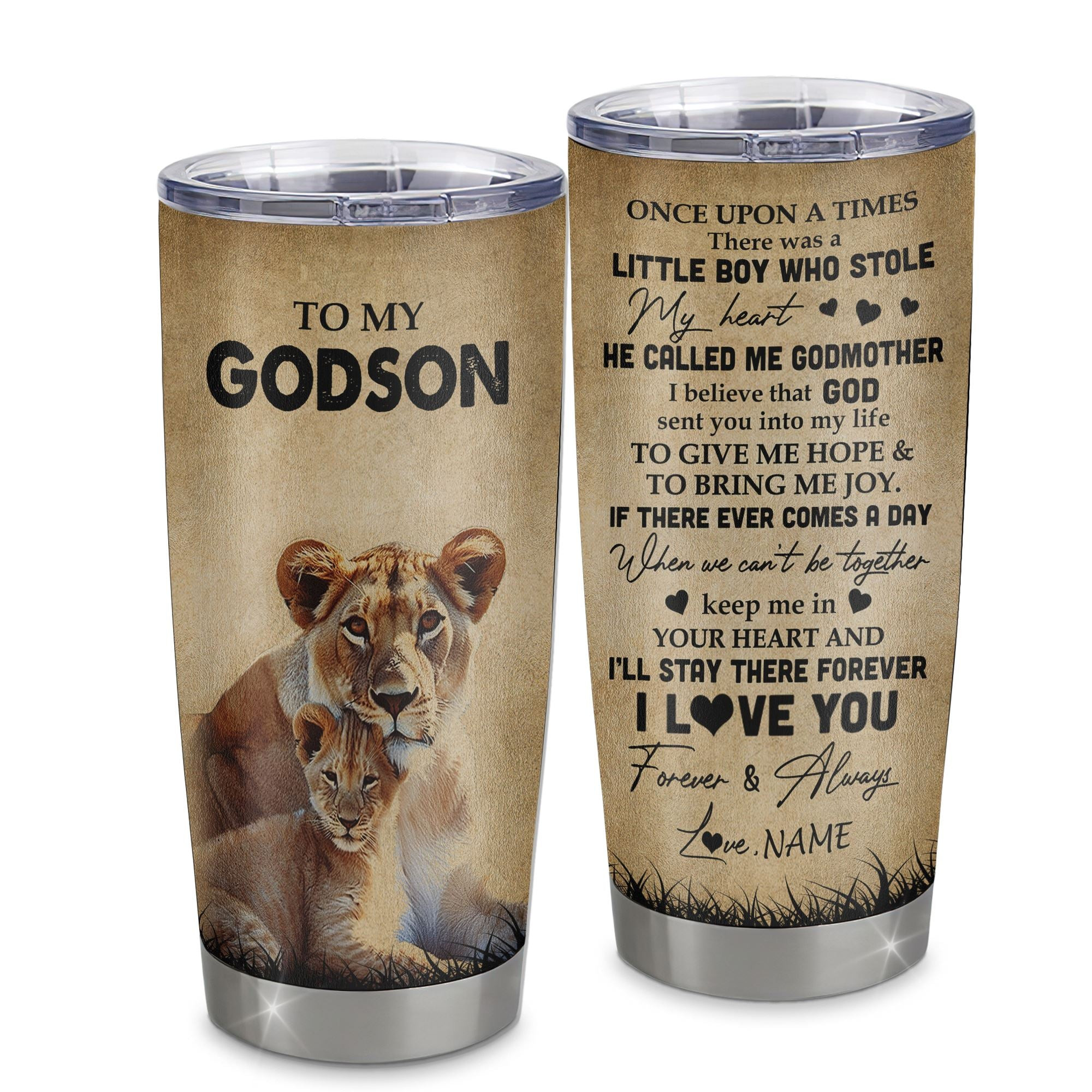 Personalized To My Godson Lion Tumbler From Godmother Stainless Steel Cup I'll Stay There Forever Godson Birthday Graduation Gift