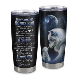 Personalized To My Bonus Son Tumbler From Stepmom Stepdad Stainless Steel Cup Moon Wolf Stepson Birthday Gifts Graduation Gift