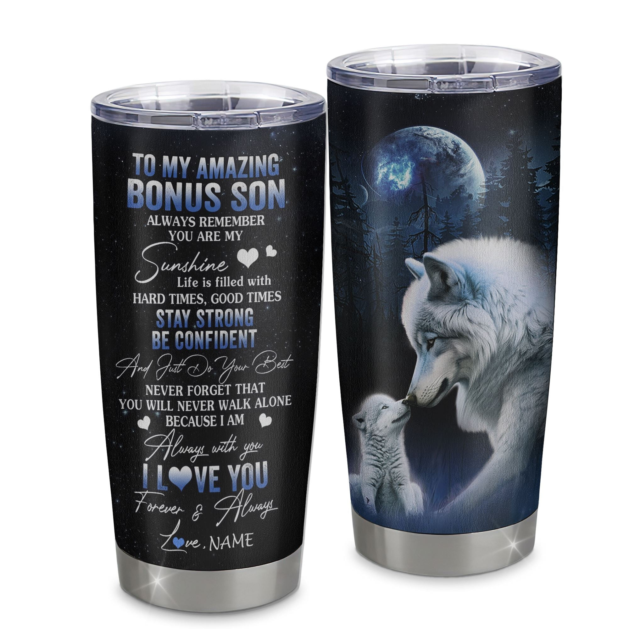 Personalized To My Bonus Son Tumbler From Stepmom Stepdad Stainless Steel Cup Moon Wolf Stepson Birthday Gifts Graduation Gift
