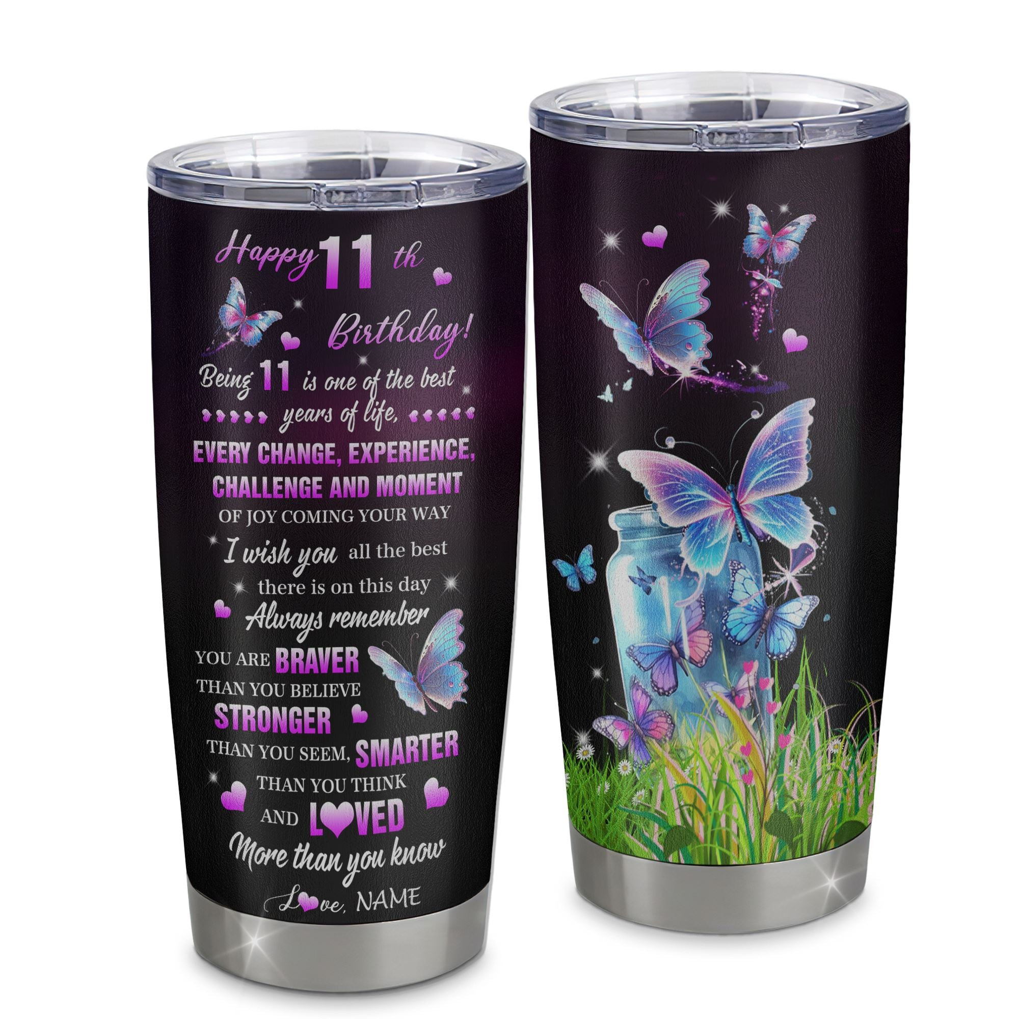 Personalized Happy 11th Birthday Decorations Tumbler Stainless Steel Cup Butterfly Sweet Eleven Sweet 11 Gifts For Girls Teen Birthday