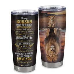 Personalized To My Godson Tumbler From Godmother Aunt Uncle Stainless Steel Cup Believe Deep In Your Heart Lion Godchild Birthday Gift