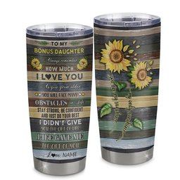 Personalized To My Bonus Daughter From Step Mom Stainless Steel Tumbler Cup I Love You Wood Sunflower Stepdaughter Birthday Gift