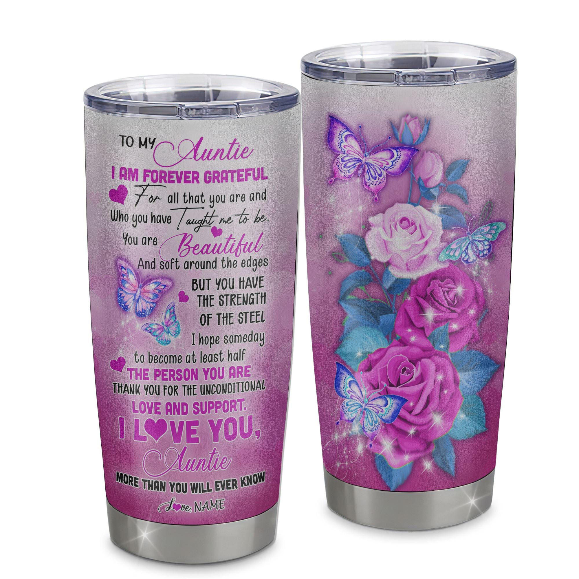 Personalized To My Auntie From Niece Nephew Stainless Steel Tumbler Cup Butterfly I Am Forever GrateFul Auntie Mothers Day Birthday Gift