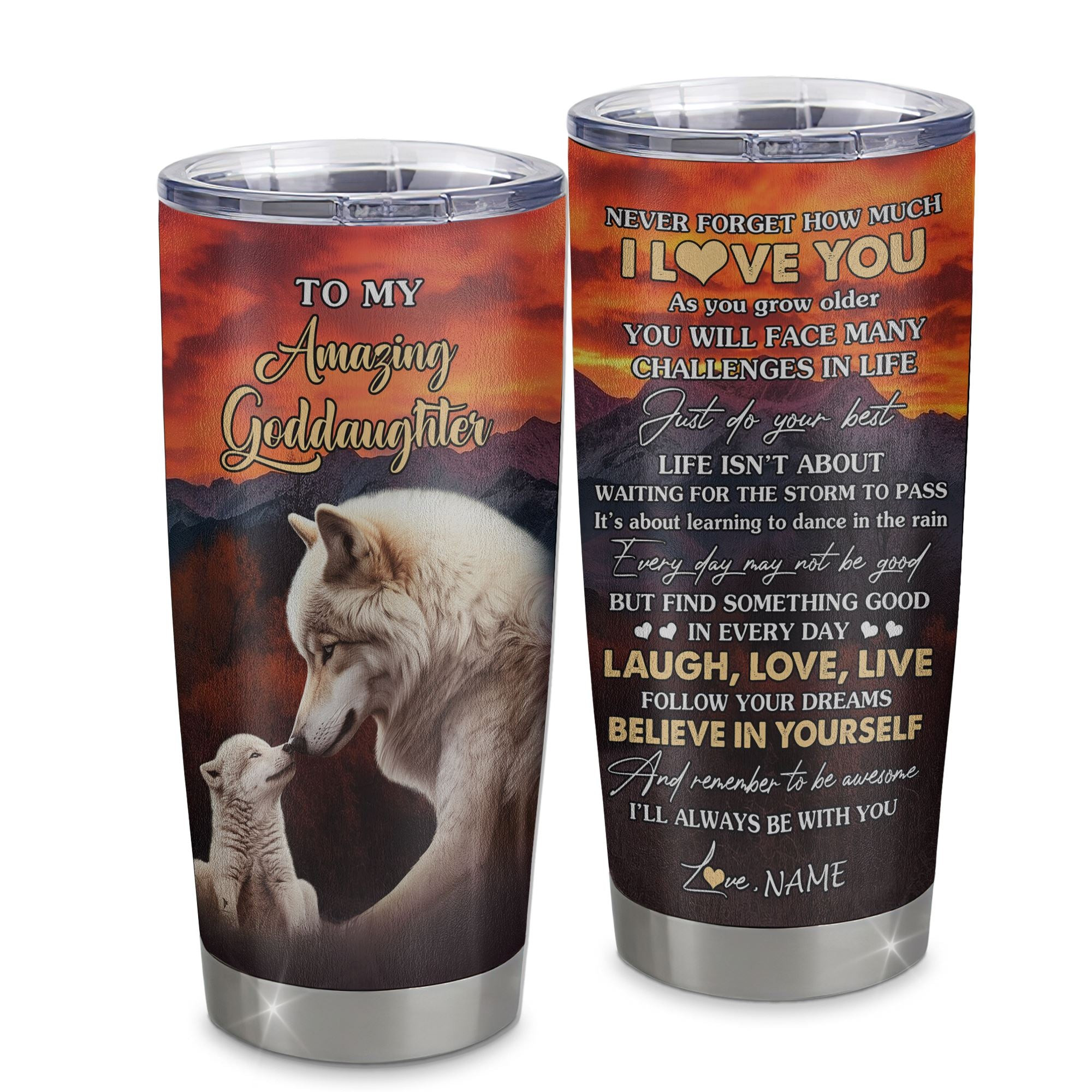 Personalized To My Amazing Goddaughter Tumbler From Godmother Uncle Aunt Never Forget I Love You Wolf Godchild Birthday Gifts Graduation Gift