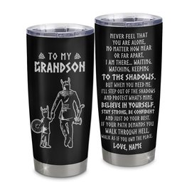 Personalized To My Grandson Tumbler Viking Stainless Steel Cup Never Feel You Are Alone Viking Grandson Birthday Gift