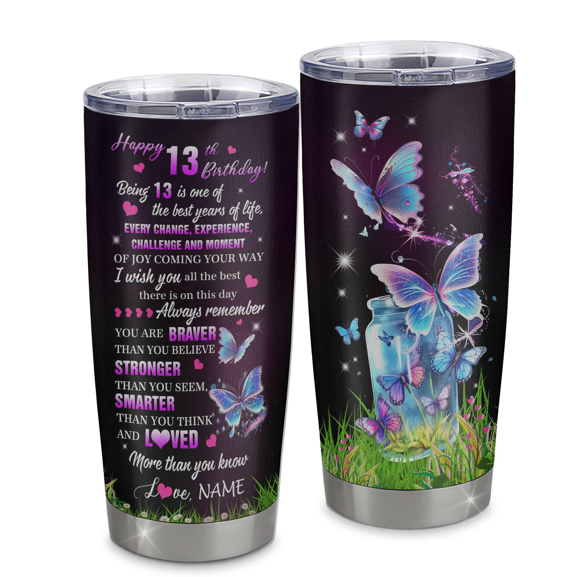 Personalized Happy 13th Birthday Decorations Tumbler Butterfly Sweet Twenty Sweet 13 Gifts For Girls Teen Birthday 13 Year Old Gift