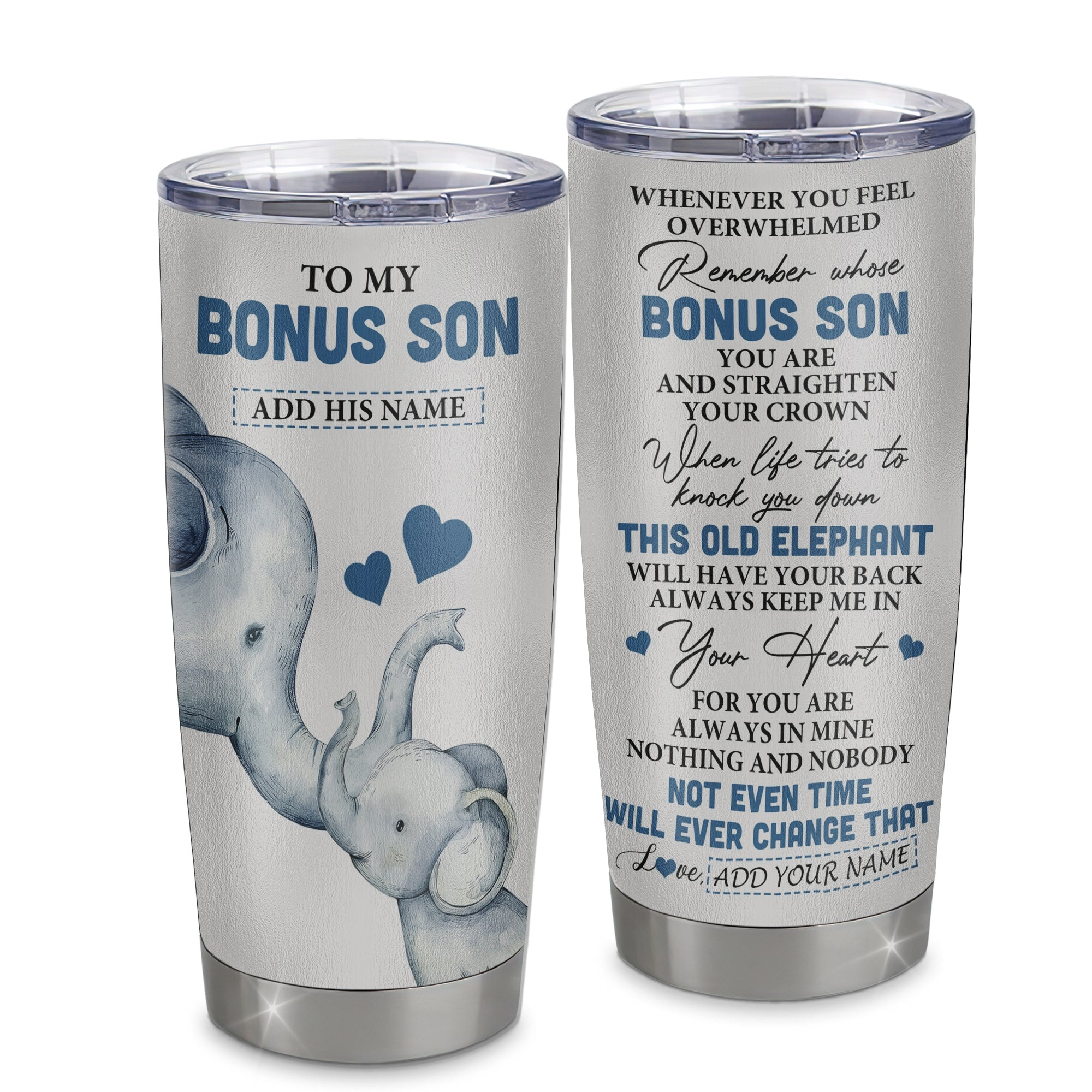Personalized To My Bonus Son Gifts Tumbler From Stepmom Stepdad Whenever Elephant Unique Birthday Gifts For Stepson Graduation Gift