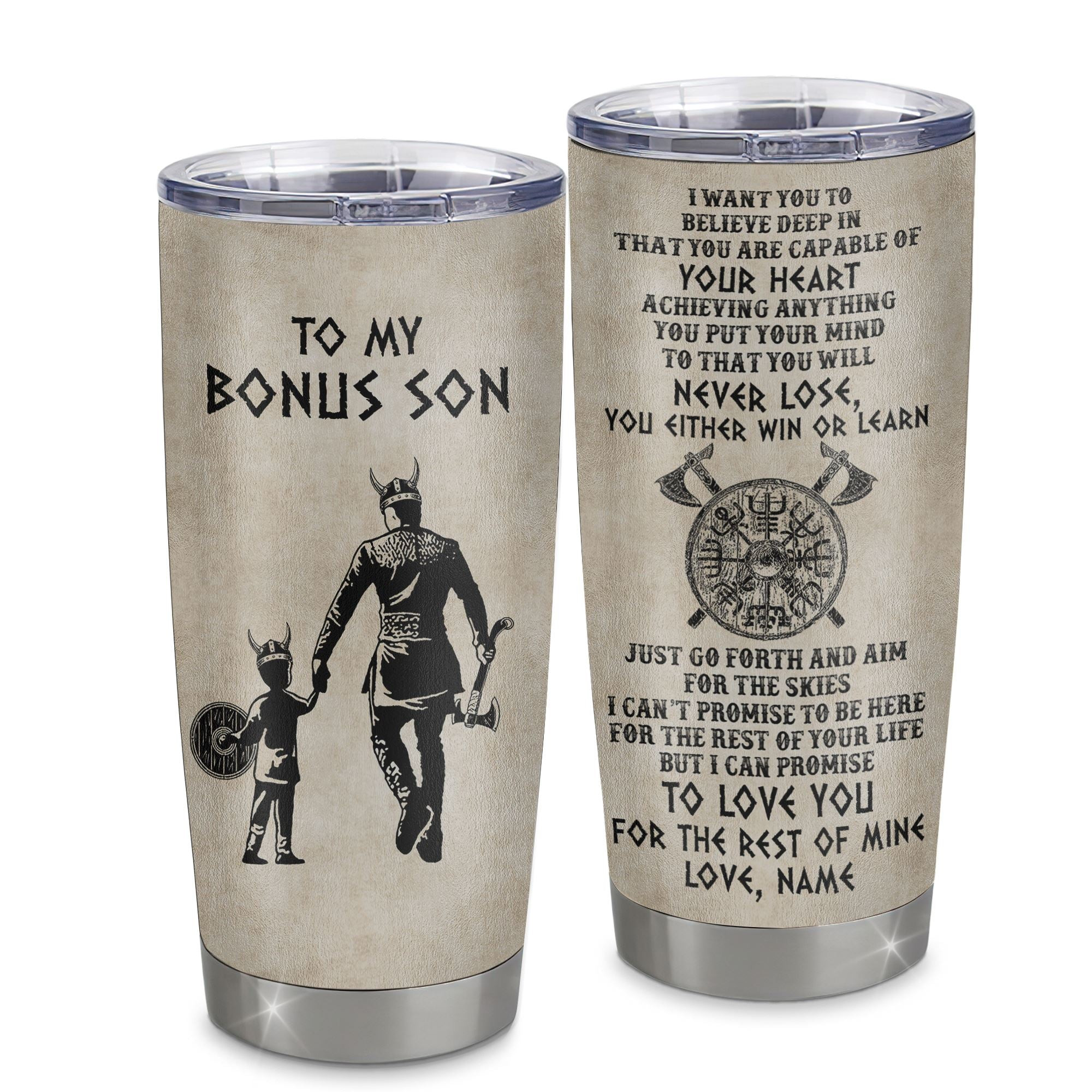 Personalized To My Bonus Son Tumbler From Step Dad Stainless Steel Cup You Will Never Lose Viking Stepson Birthday Graduation Gift
