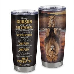 Personalized To My Godson From Godfather Godmother Stainless Steel Tumbler Cup I Wish You The Strength Lion Godson Birthday Graduation Gift
