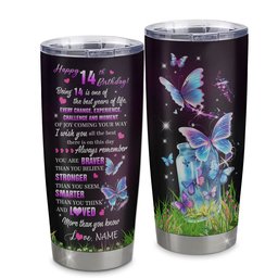 Personalized Happy 14th Birthday Decorations Tumbler Butterfly Sweet Twenty Sweet 14 Gifts For Girls Teen Birthday 14 Year Old Gift