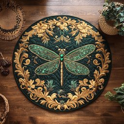 Gold Floral Dragonfly WY0605004CL Quilted Round Mat