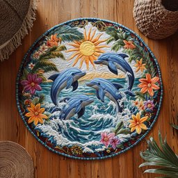 Dolphin Family Unfder Sun WY0805014CL Quilted Round Mat