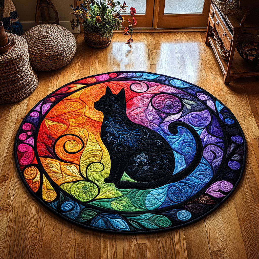 Black Cat In Colorful WY3004021CL Quilted Round Mat