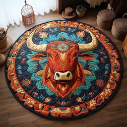 Boho Cow Head WY2904049CL Quilted Round Mat