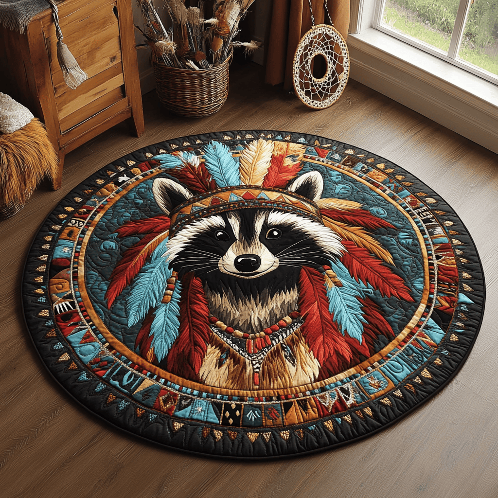 Feather Headdress Raccoon WY2804006CL Quilted Round Mat