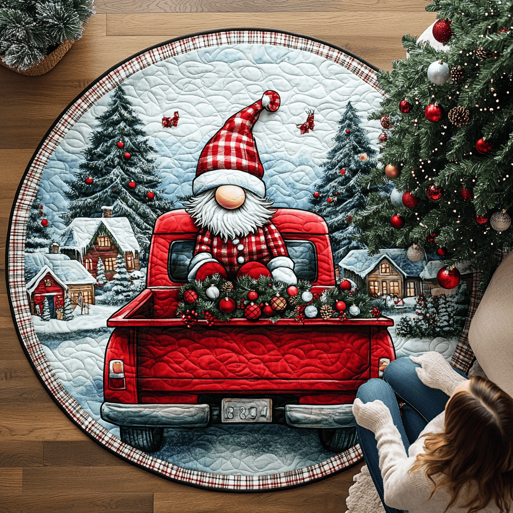 Gnome Red Truck Quilted Round Mat NCU0PD841
