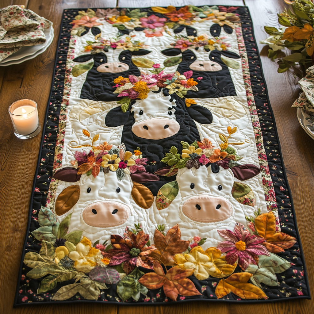 Floral Cows Quilted Table Runner NCU0NVH173