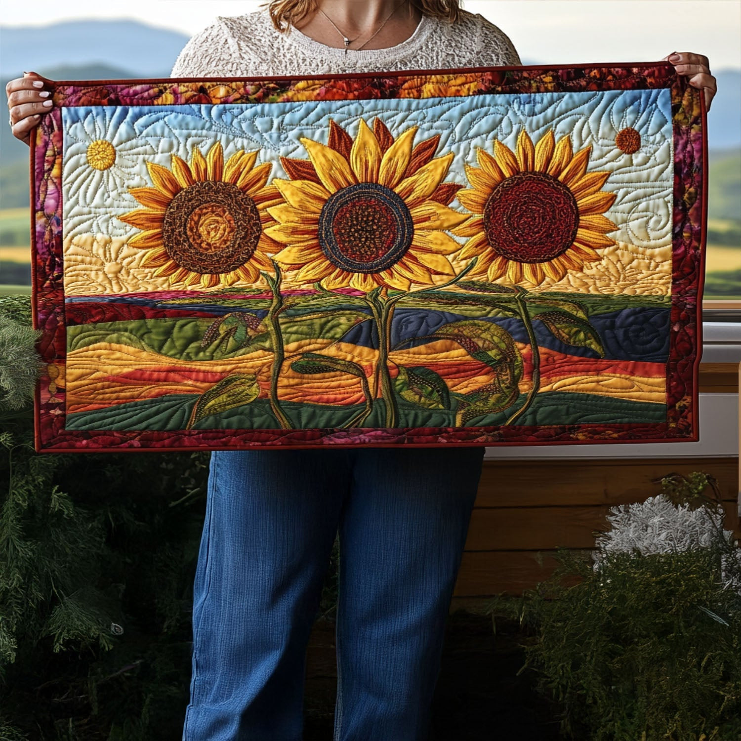 Golden Bloom Elegance Quilted Table Runner NCU0PTT233