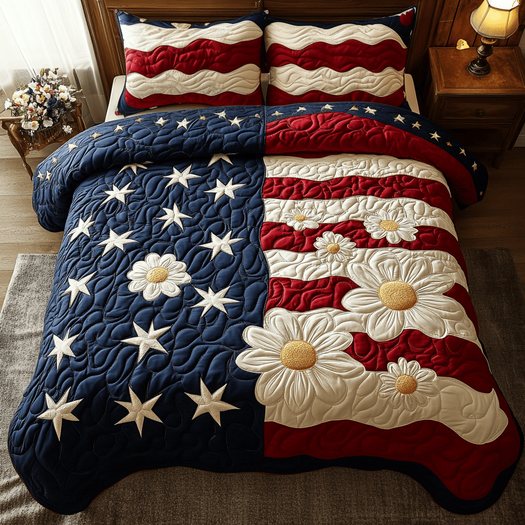 Floral Flag 3-Piece Quilted Bedding Set NCU0NVH186