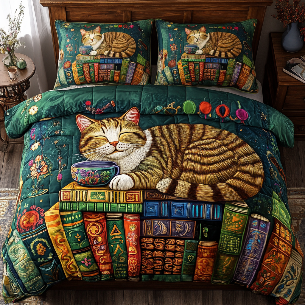 Literary Cat Retreat 3-Piece Quilted Bedding Set NCU0PVL050