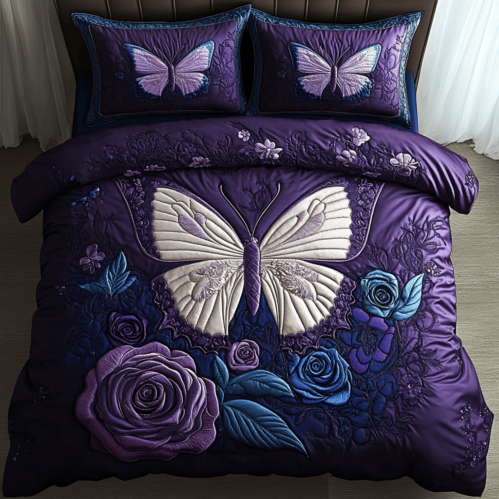 Twilight Butterfly Rose 3-Piece Quilted Bedding Set NCU0PVL036