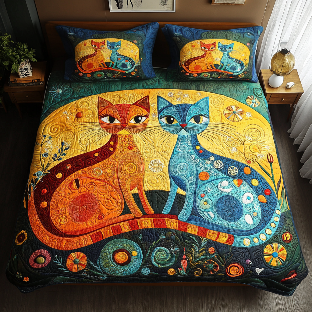Golden Harmony Cats 3-Piece Quilted Bedding Set NCU0PVL047